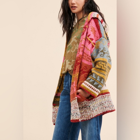 Free People Multicolor Hooded Knit Cardigan - Cream, Mustard, Blue, Red, Olive - Picture 5 of 14